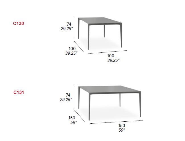 Dimensions - Model C130 & C131â€“ Square Dining Tables