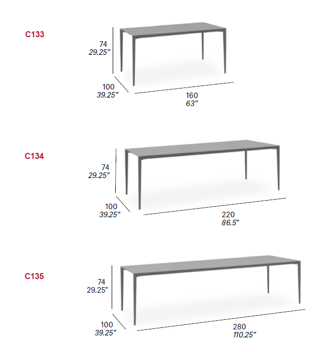 Dimensions â€“ Models C133, C134 & C135 â€“ Rectangular Dining Tables