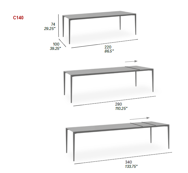 Dimensions â€“ Models C140 â€“ Rectangular Expandable Dining Table