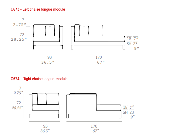 Dimensions - Chaise Lounge Module models C673 &C674