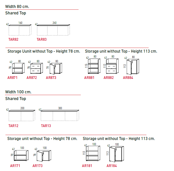 Storage Units with Shared Top 113cm / 113cm H. â€“ Dimensions