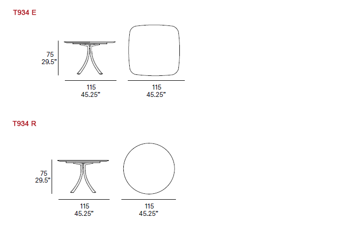 Dimensions – Elliptical Dining Table T934 E & Round Dining Table T934 R 