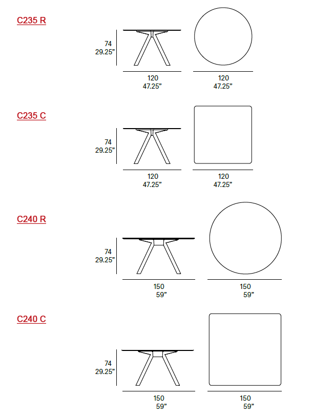 Dimensions - Models C235R, C235C, C240R  & C2240C, Round and Square Dining Tables.
