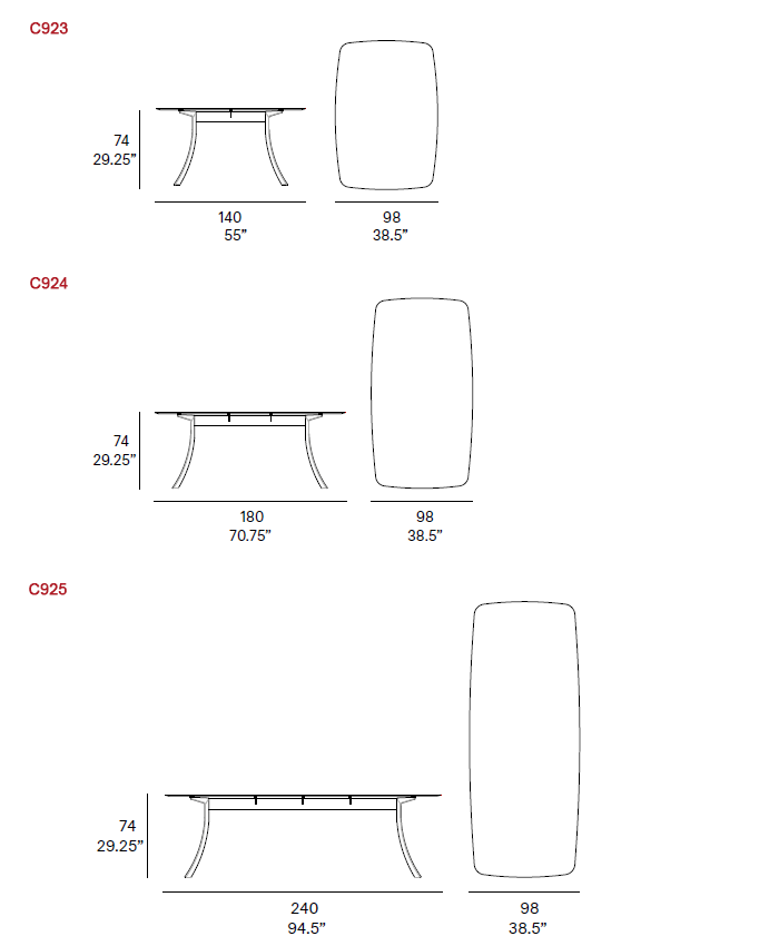 Dimensions – Rectangular Dining Table Models: C923, C924 & C925