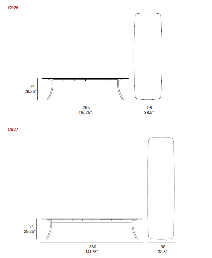Dimensions – Rectangular Dining Table Models: C926 & C927