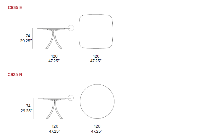 Dimensions – Elliptical Dining Table C935 E & Round Dining Table C935 R 