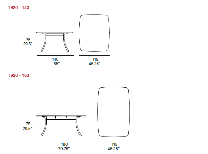 Dimensions - Rectangular Dining Table Models: T920-140 & T920-180